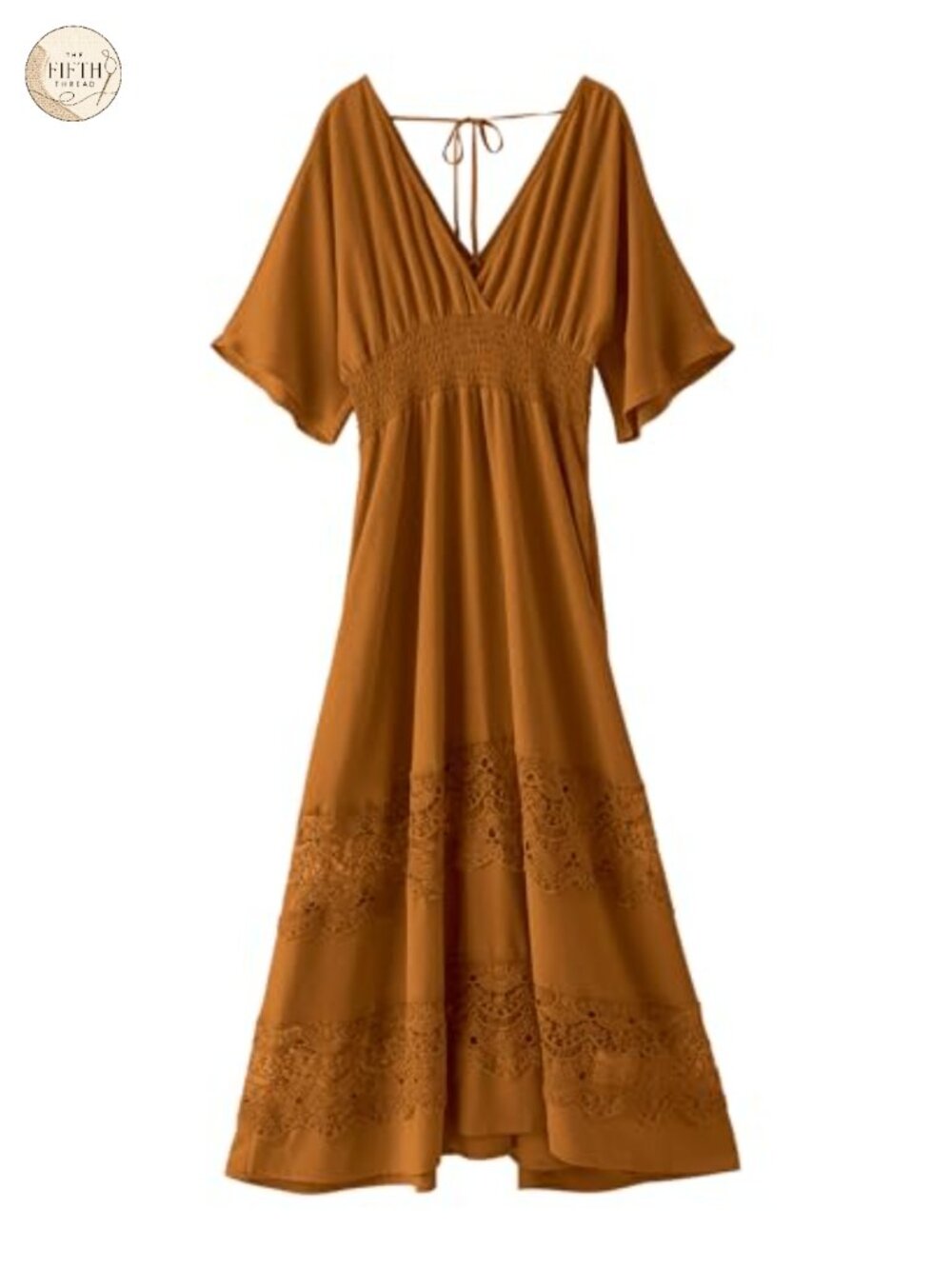 Boho Maxi Dress V Neck Short Sleeve Lace Smocked Waist Flowy